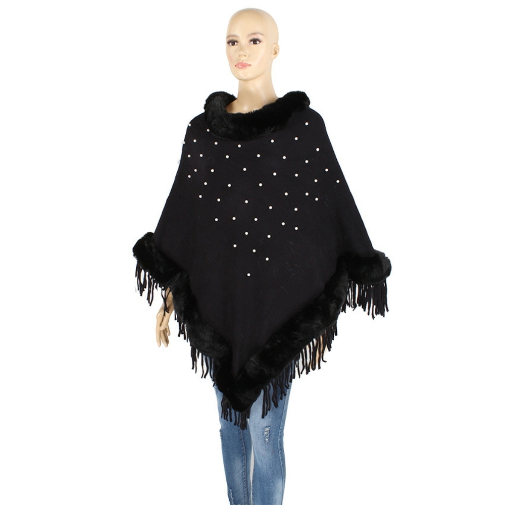 Black Pearl Fur Trim Poncho